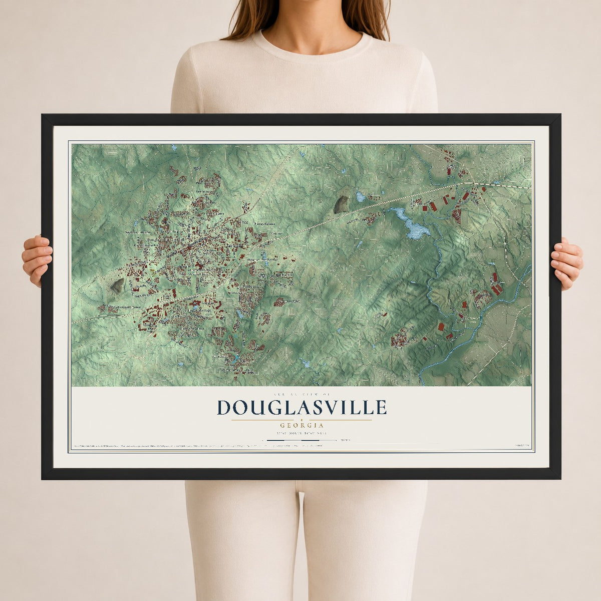 Douglasville, Georgia map print, 24" x 36" W/ Black Ayous Wood Frame mockup