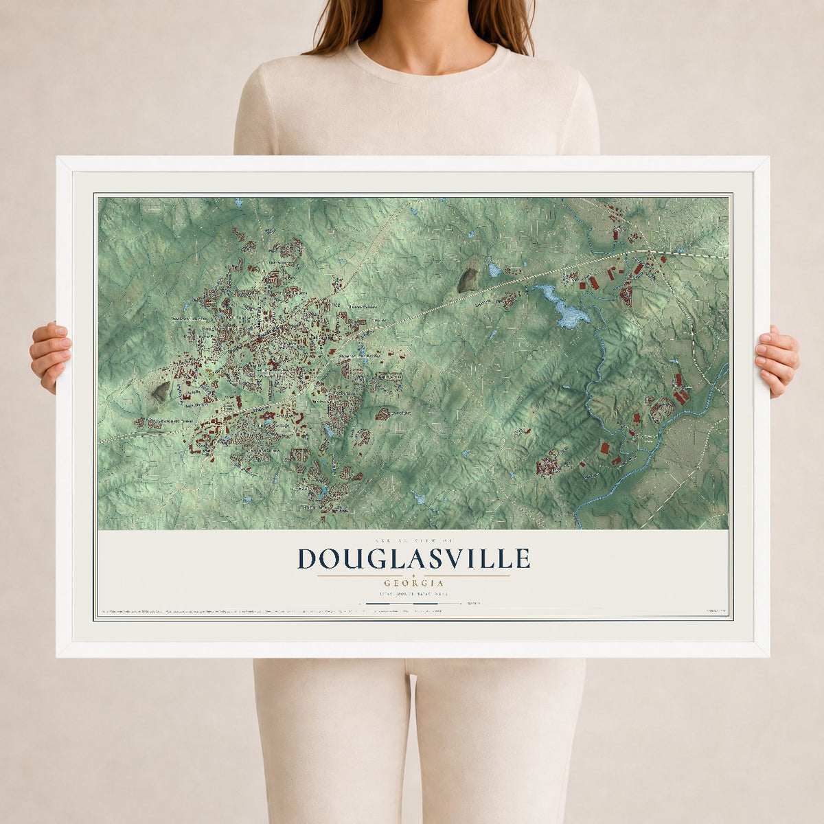 Douglasville, Georgia map print, 24" x 36" W/ White Ayous Wood Frame mockup