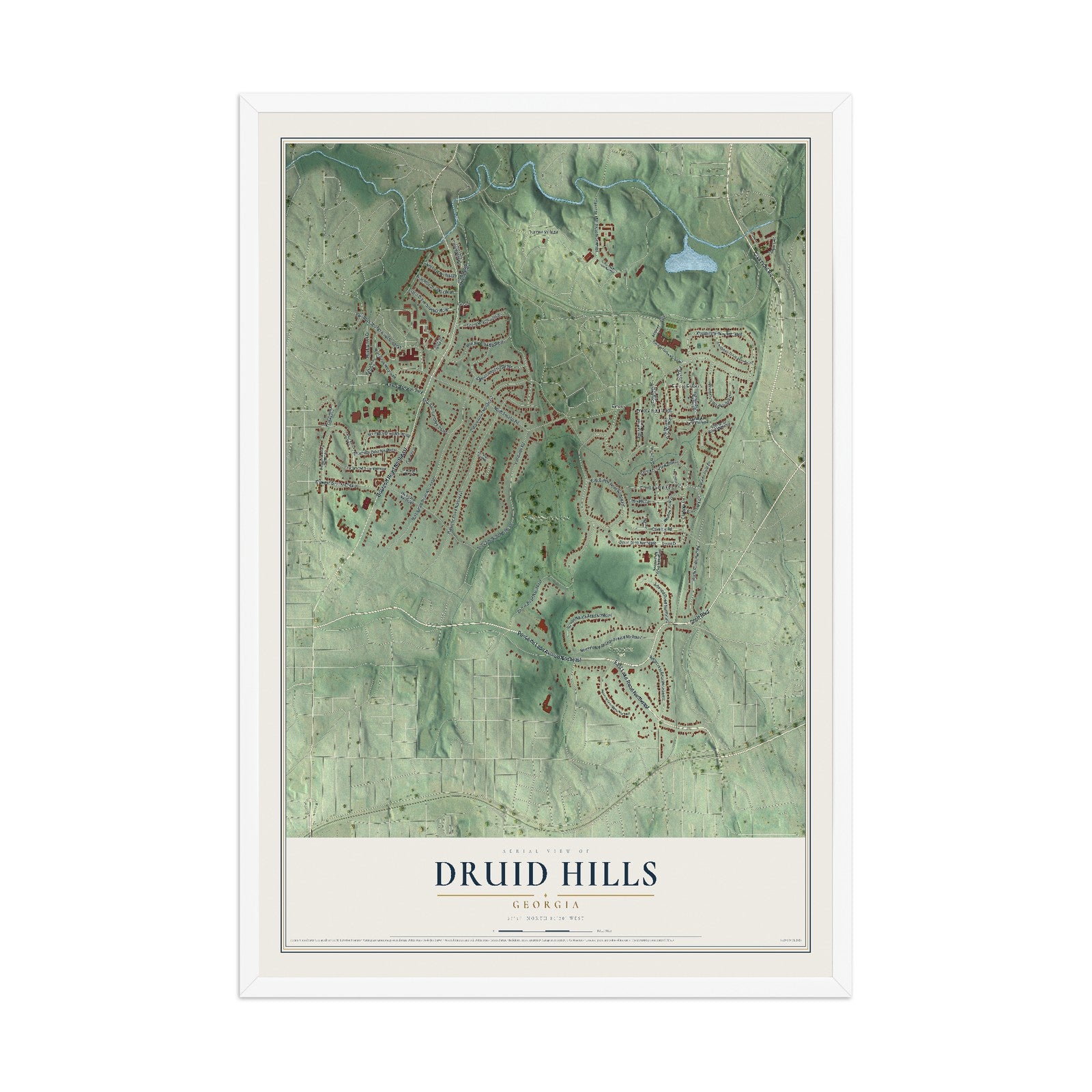 Druid Hills, Georgia map print, 12" x 18" W/ White Ayous Wood Frame mockup