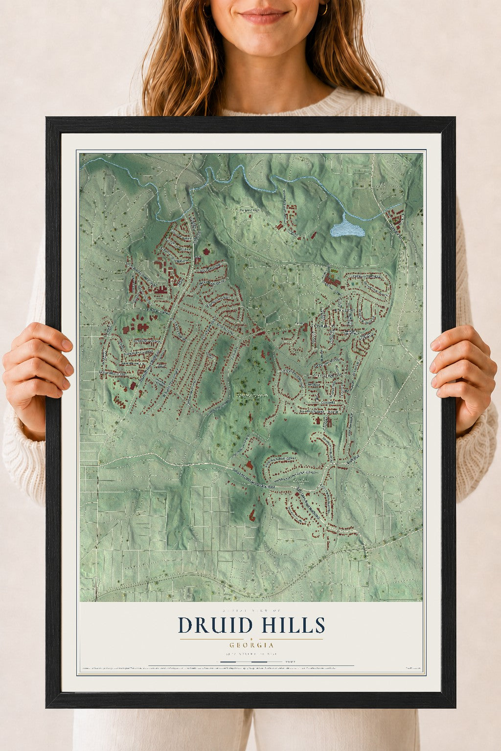 Druid Hills, Georgia map print, 18" x 24" W/ Black Ayous Wood Frame mockup