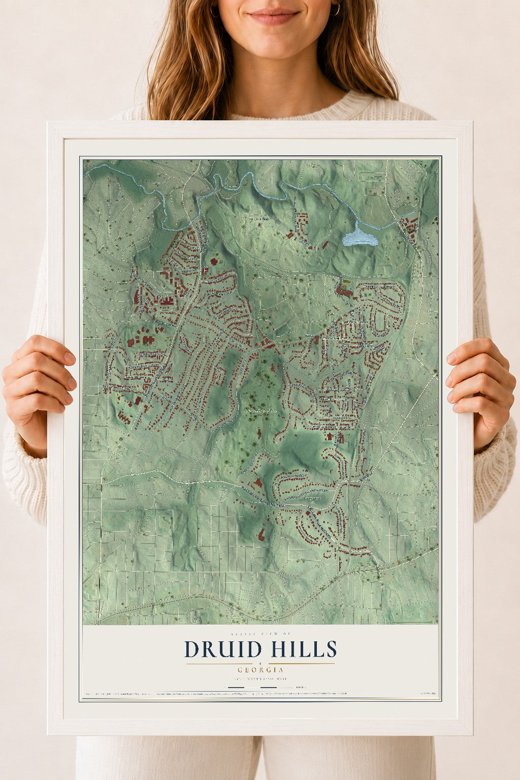 Druid Hills, Georgia map print, 18" x 24" W/ White Ayous Wood Frame mockup