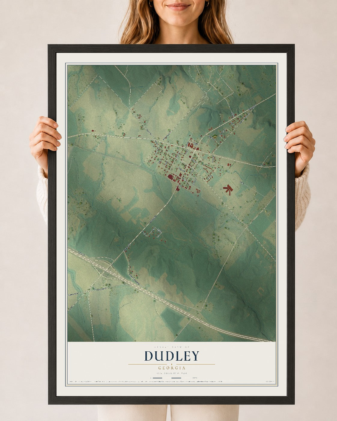 Dudley, Georgia map print, 24" x 36" W/ Black Ayous Wood Frame mockup