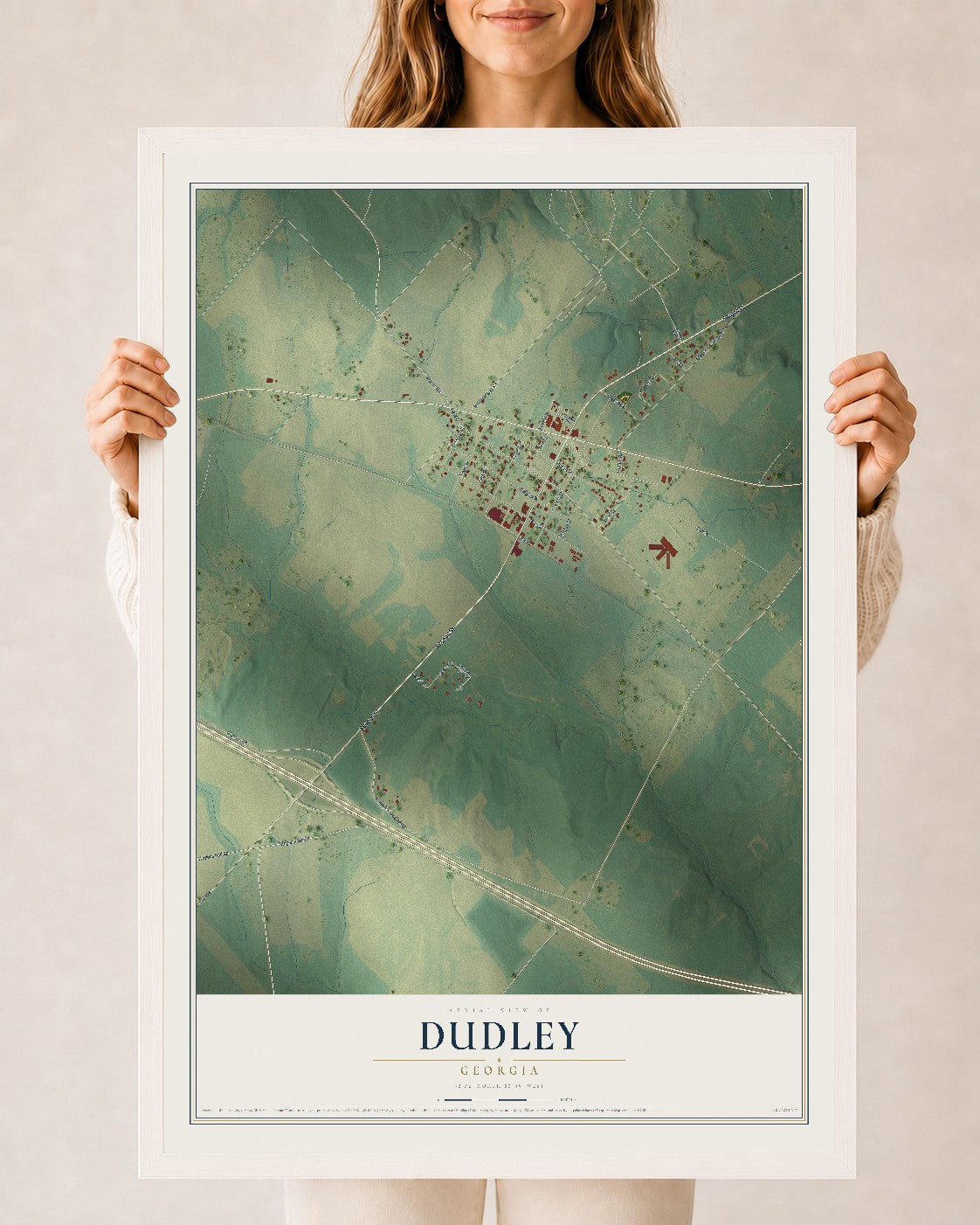 Dudley, Georgia map print, 24" x 36" W/ White Ayous Wood Frame mockup