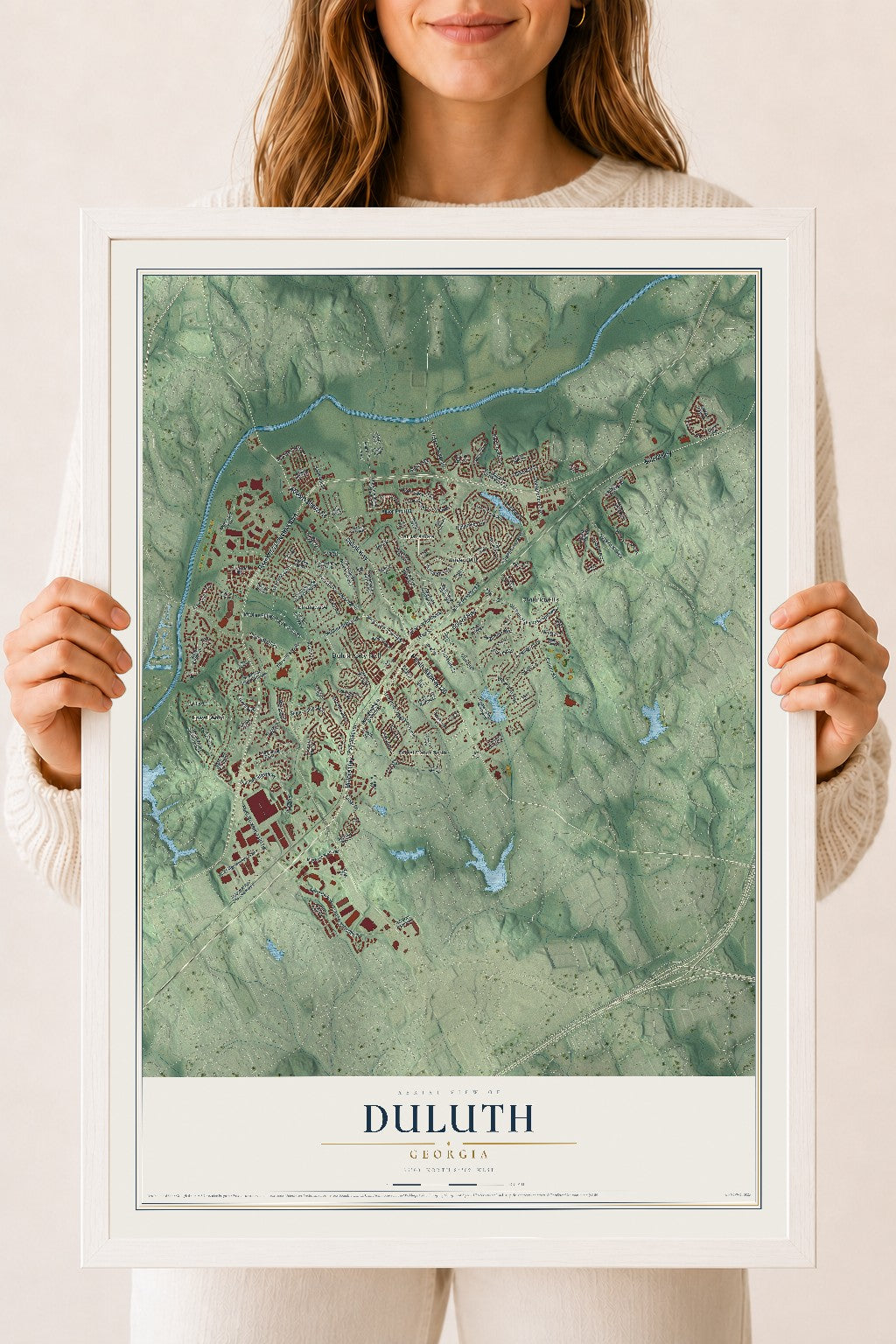 Duluth, Georgia map print, 18" x 24" W/ White Ayous Wood Frame mockup