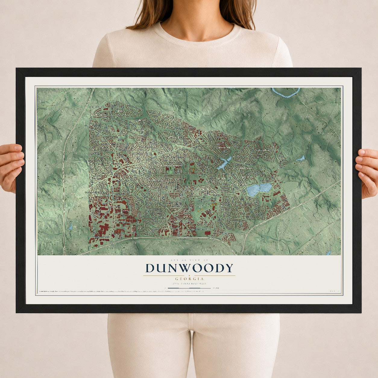 Dunwoody, Georgia map print, 18" x 24" W/ Black Ayous Wood Frame mockup