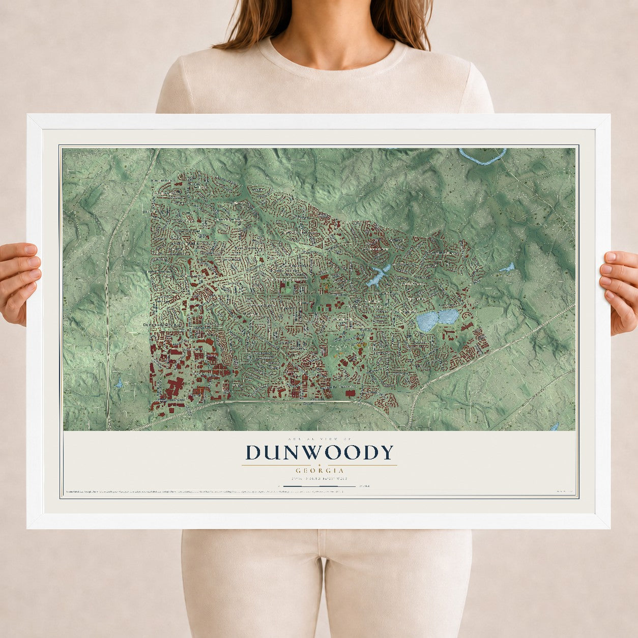 Dunwoody, Georgia map print, 18" x 24" W/ White Ayous Wood Frame mockup
