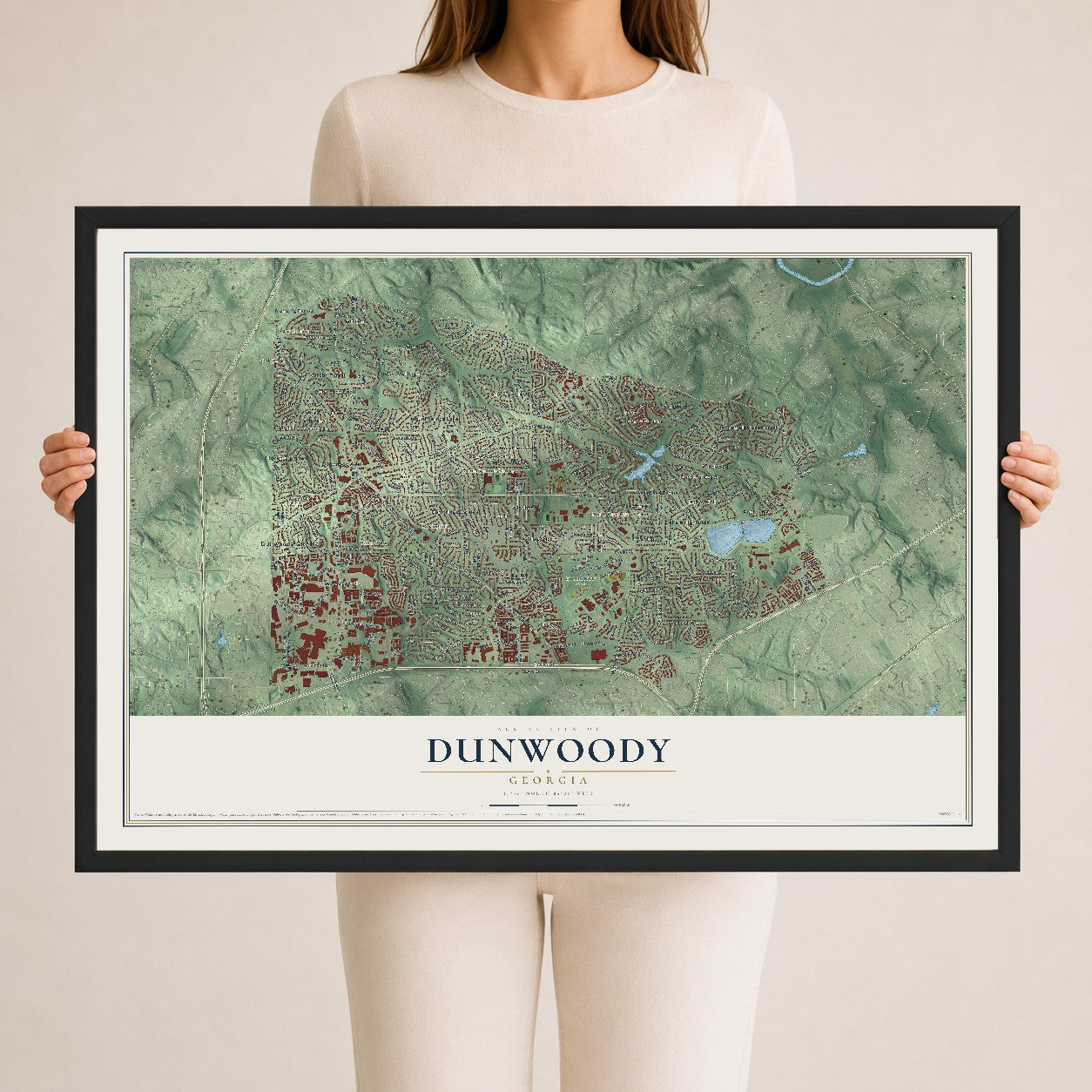 Dunwoody, Georgia map print, 24" x 36" W/ Black Ayous Wood Frame mockup