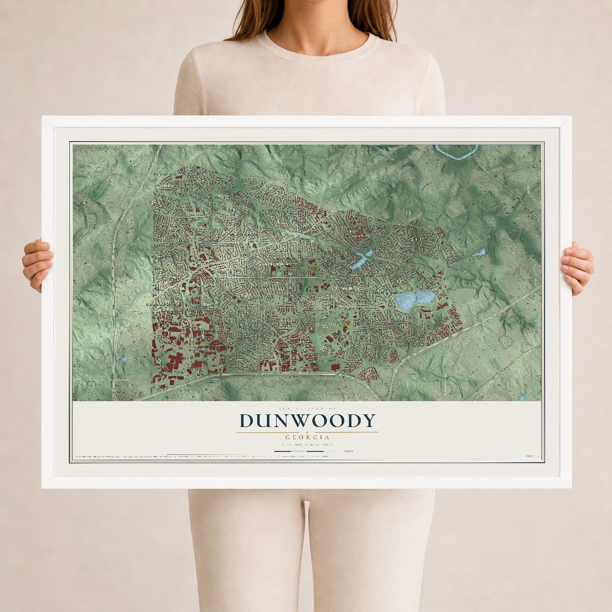 Dunwoody, Georgia map print, 24" x 36" W/ White Ayous Wood Frame mockup