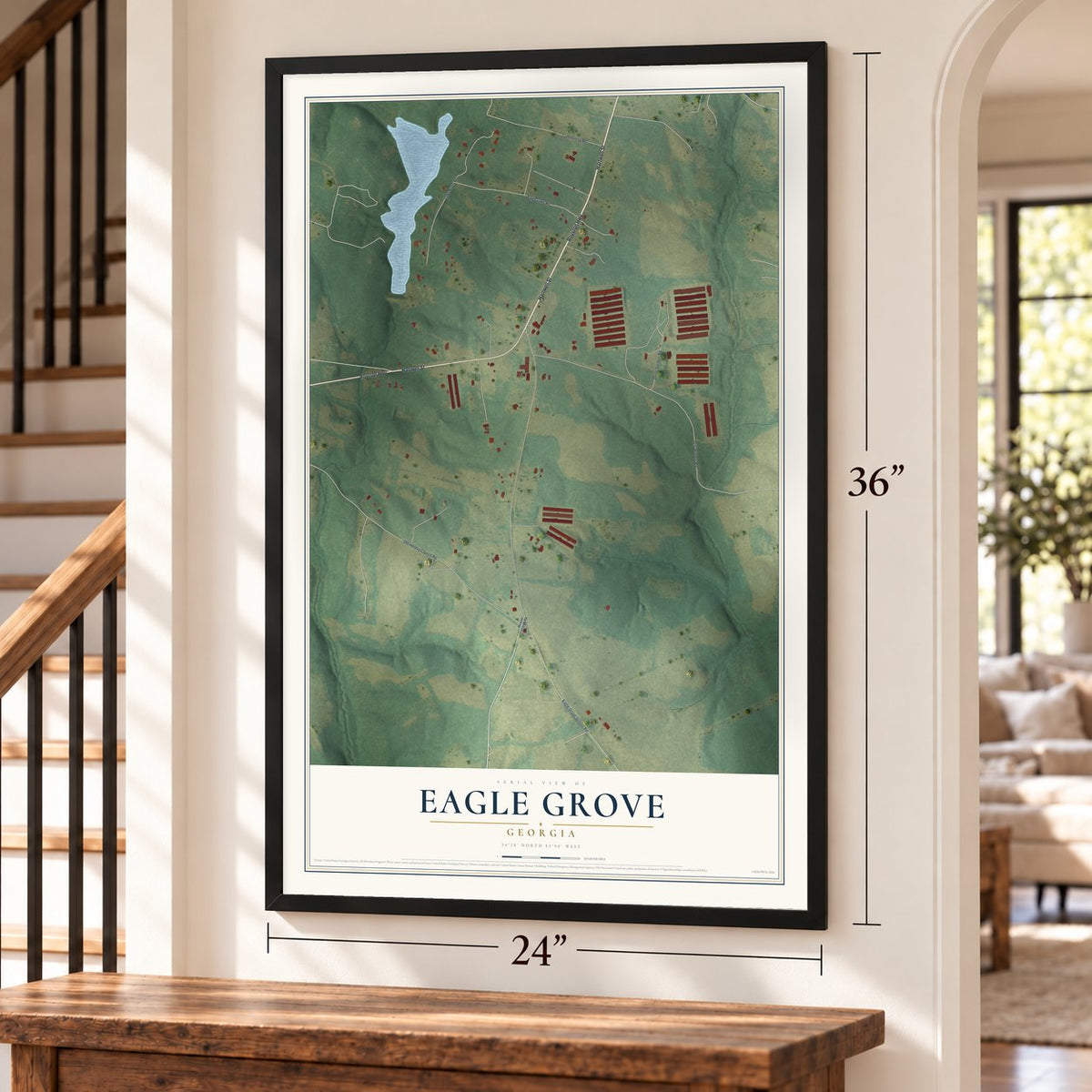 Eagle Grove, Georgia map, 24 x 36 inch print in a black frame by a staircase