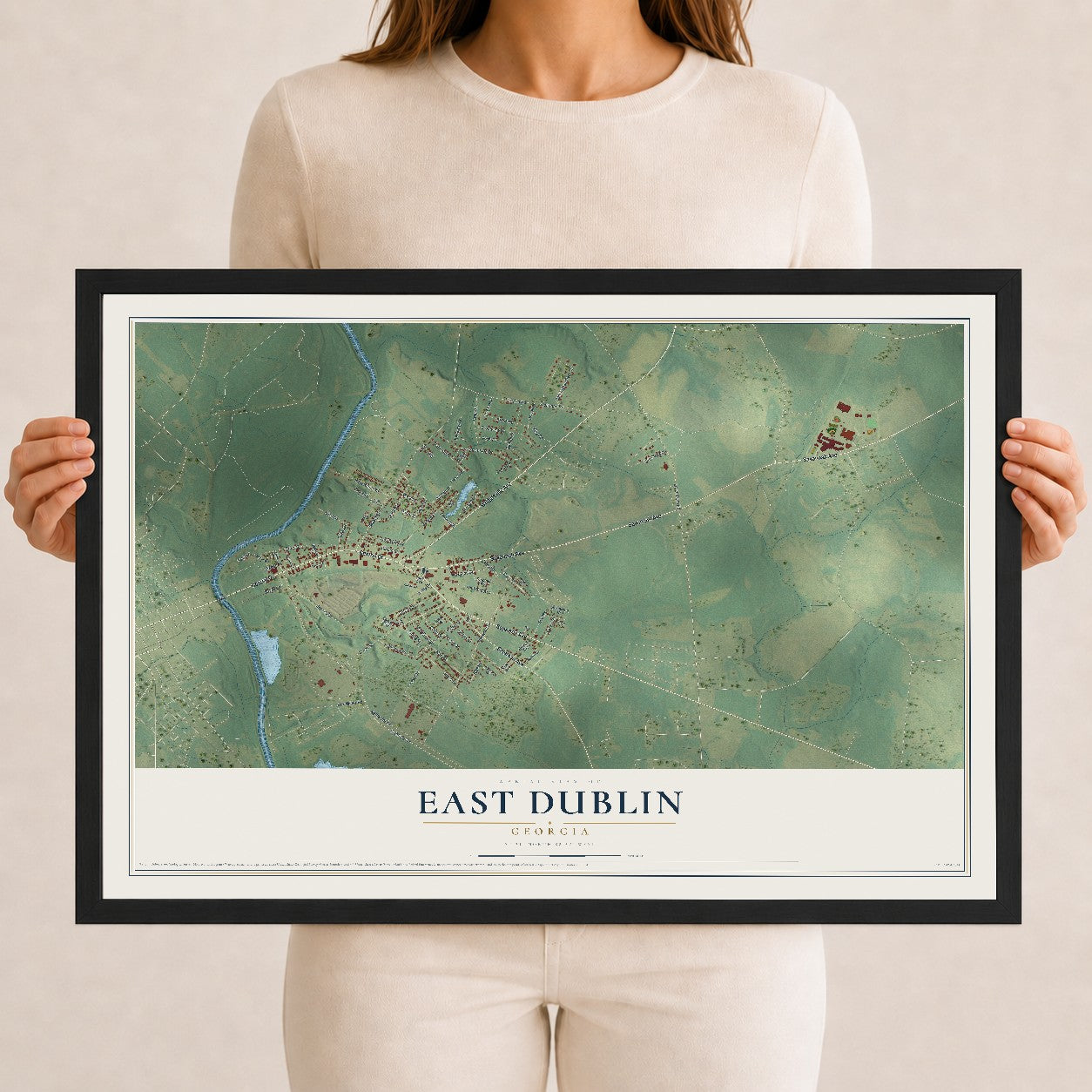 East Dublin, Georgia map print, 12" x 18" W/ Black Ayous Wood Frame mockup
