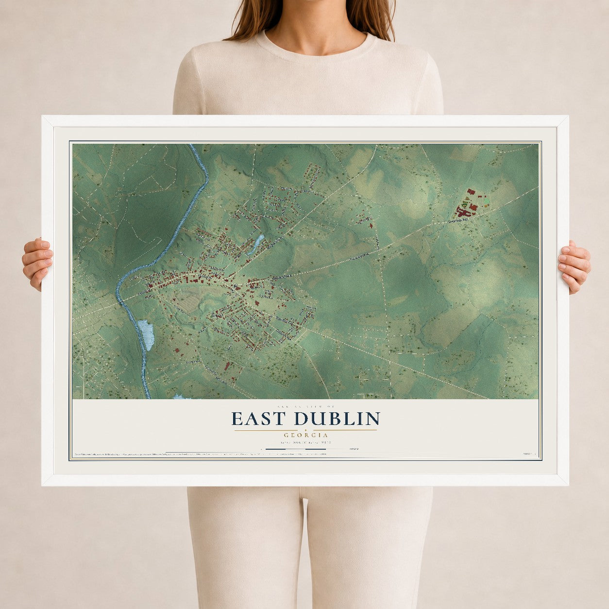 East Dublin, Georgia map print, 24" x 36" W/ White Ayous Wood Frame mockup