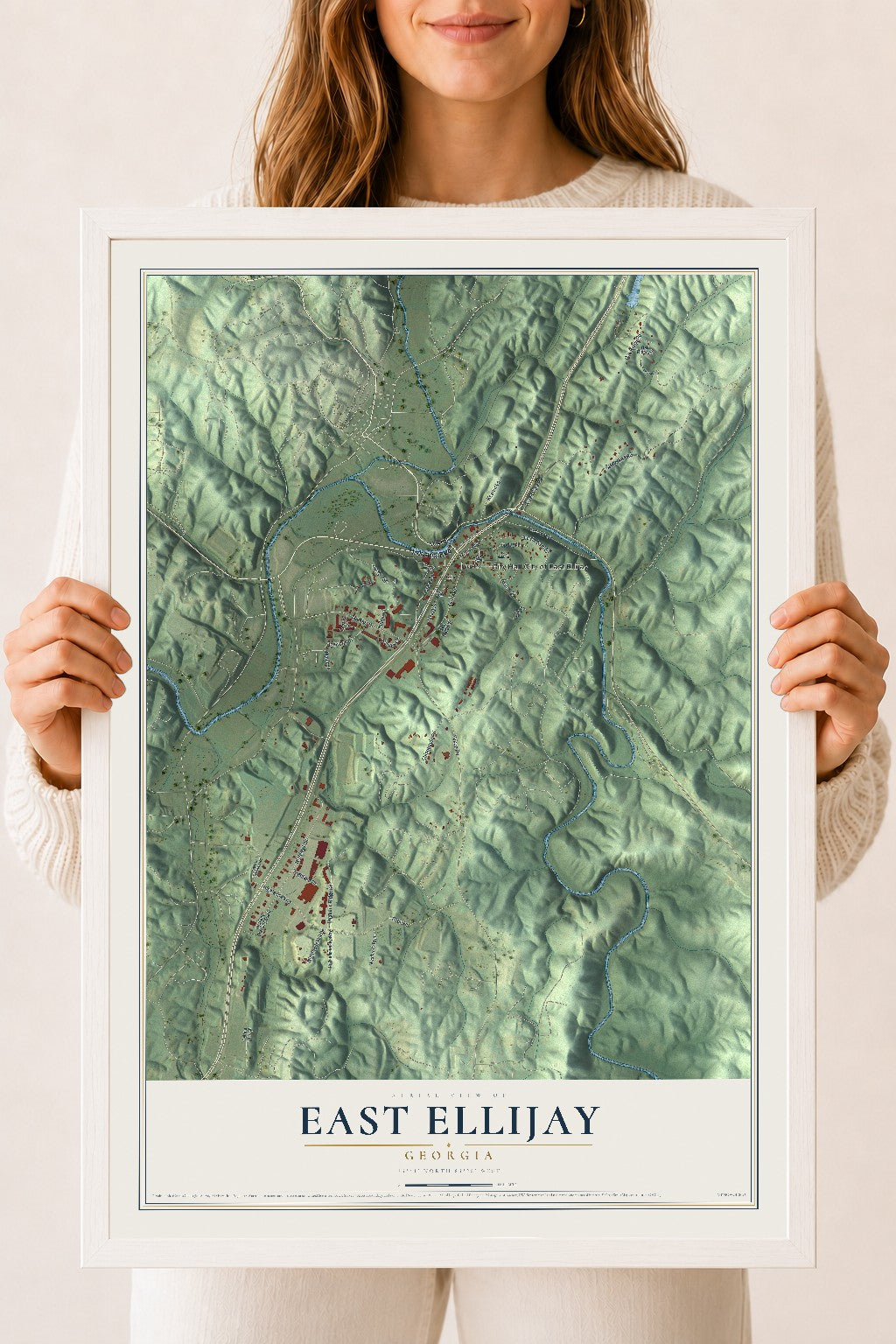 East Ellijay, Georgia map print, 18" x 24" W/ White Ayous Wood Frame mockup