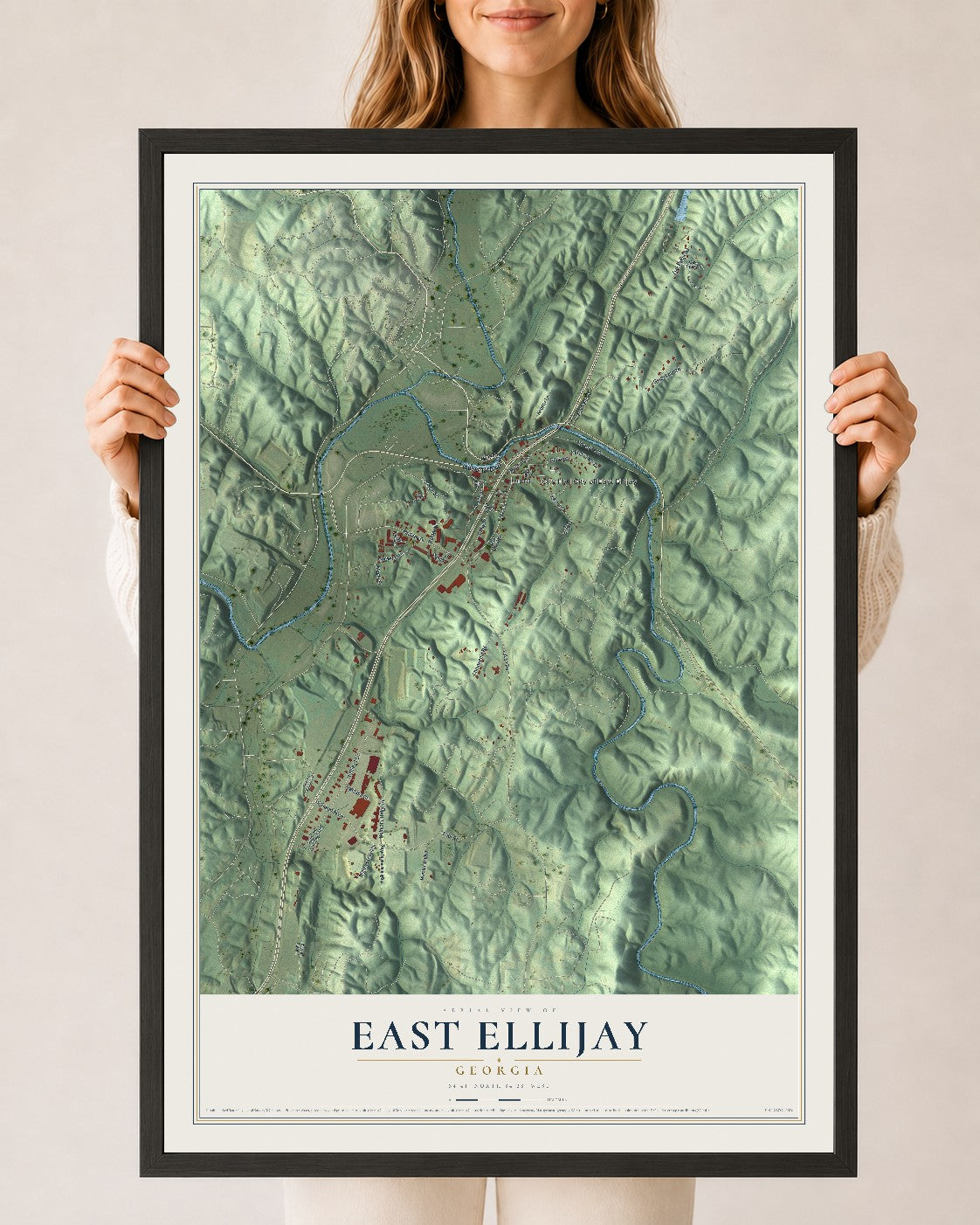 East Ellijay, Georgia map print, 24" x 36" W/ Black Ayous Wood Frame mockup