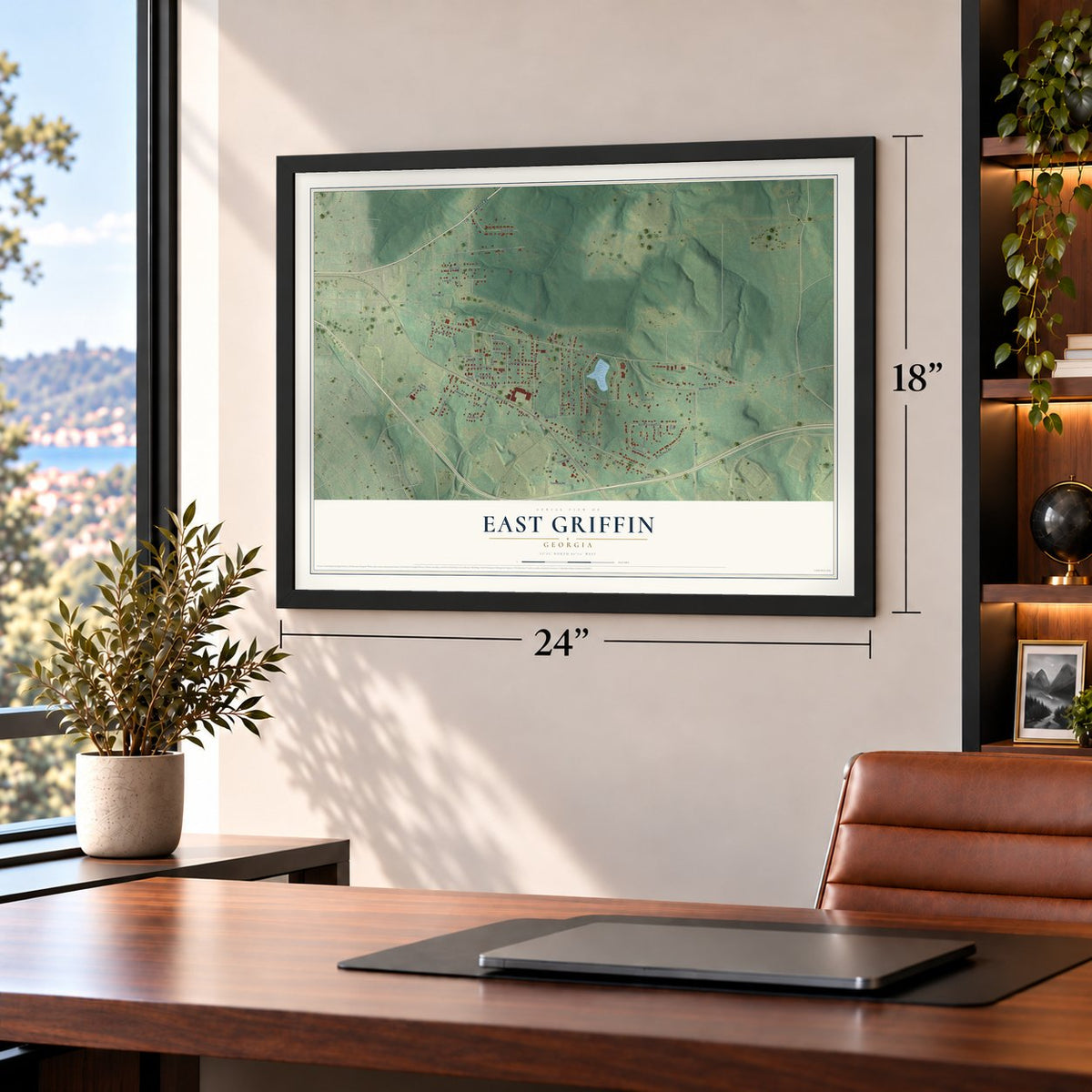 East Griffin, Georgia map, 18 x 24 inch print in a black frame in a home office