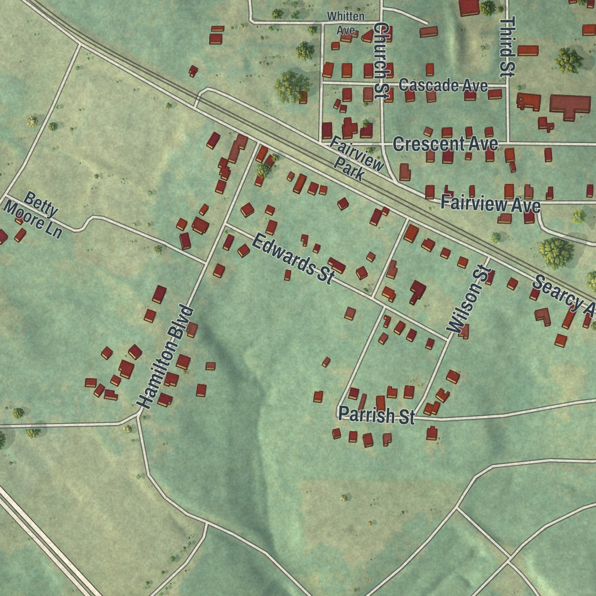 Close-up of the map of East Griffin, Georgia print showing street and building detail