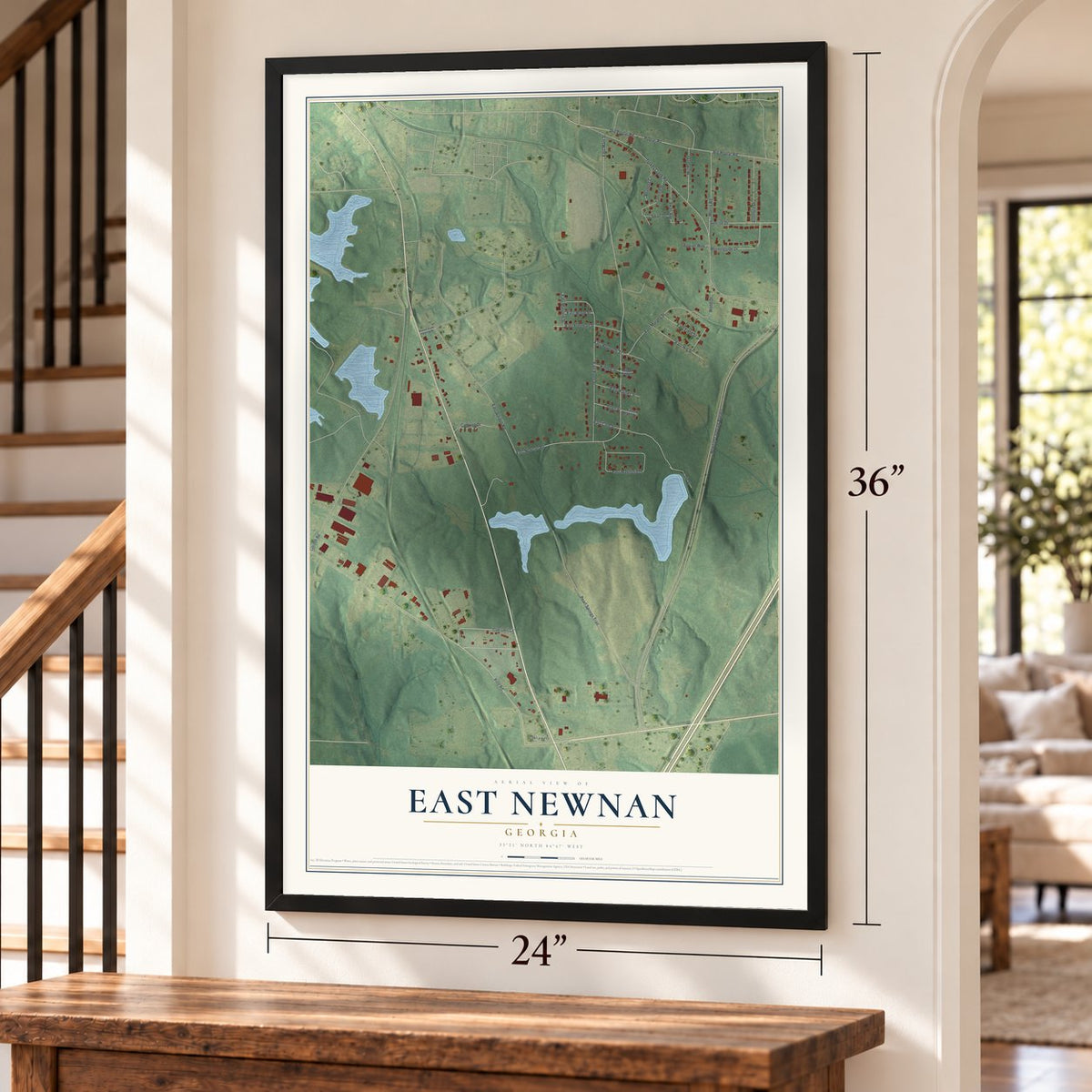 East Newnan, Georgia map, 24 x 36 inch print in a black frame by a staircase