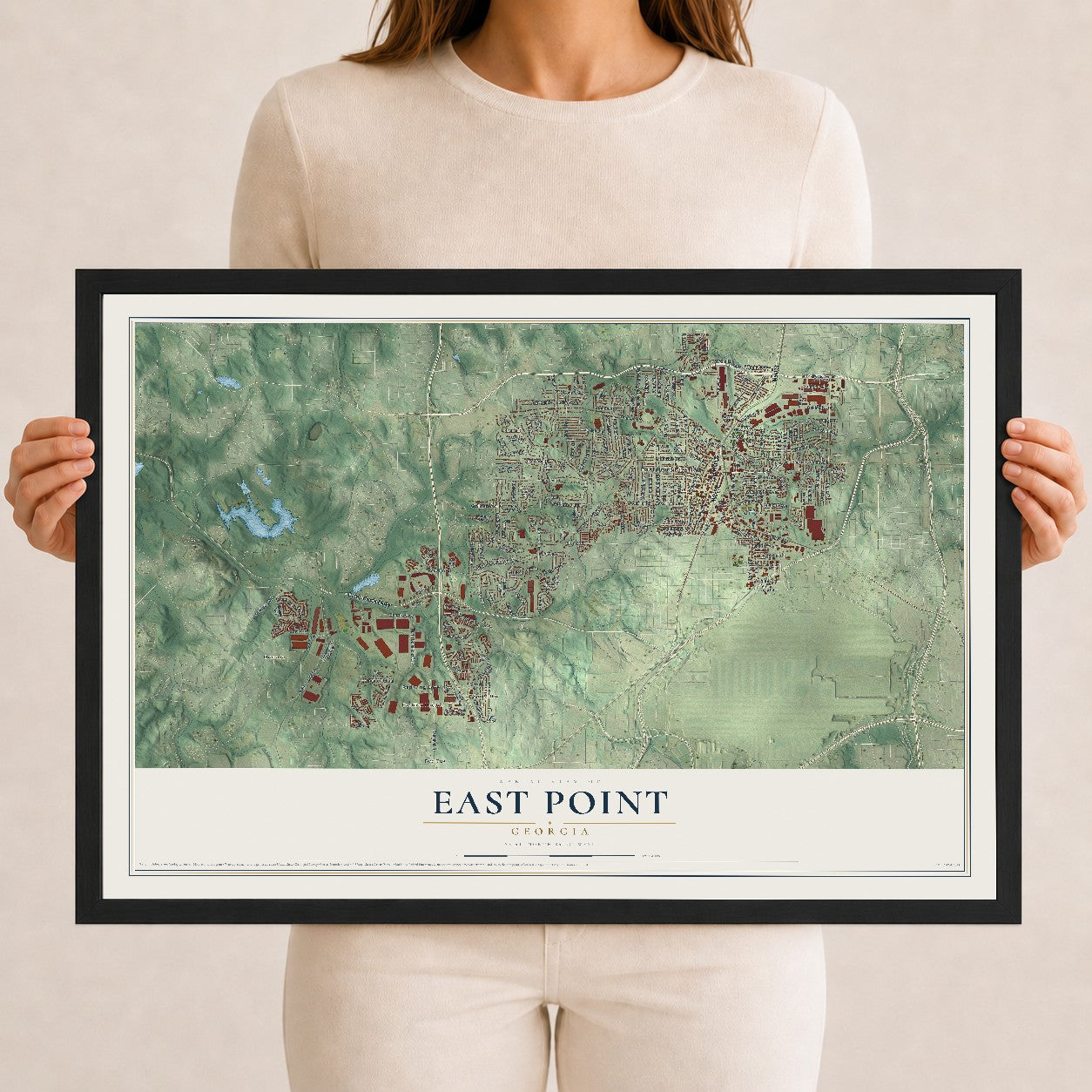 East Point, Georgia map print, 12" x 18" W/ Black Ayous Wood Frame mockup