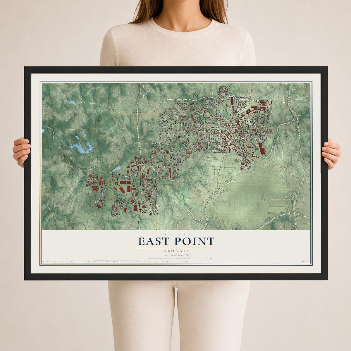 East Point, Georgia map print, 24" x 36" W/ Black Ayous Wood Frame mockup