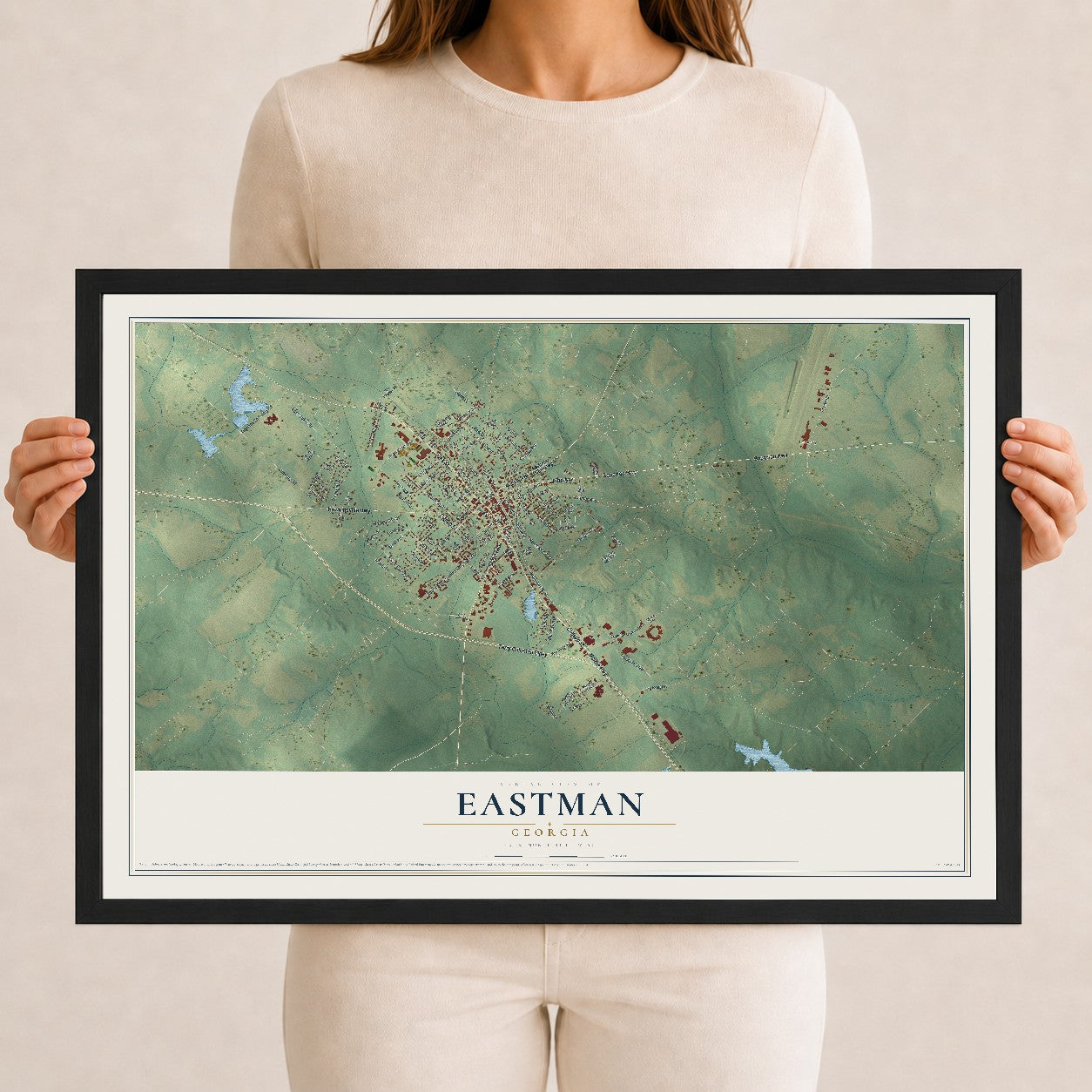 Eastman, Georgia map print, 12" x 18" W/ Black Ayous Wood Frame mockup