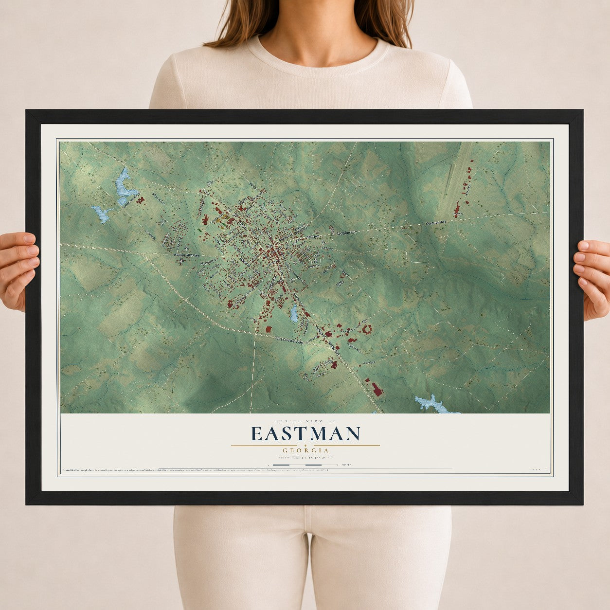 Eastman, Georgia map print, 18" x 24" W/ Black Ayous Wood Frame mockup
