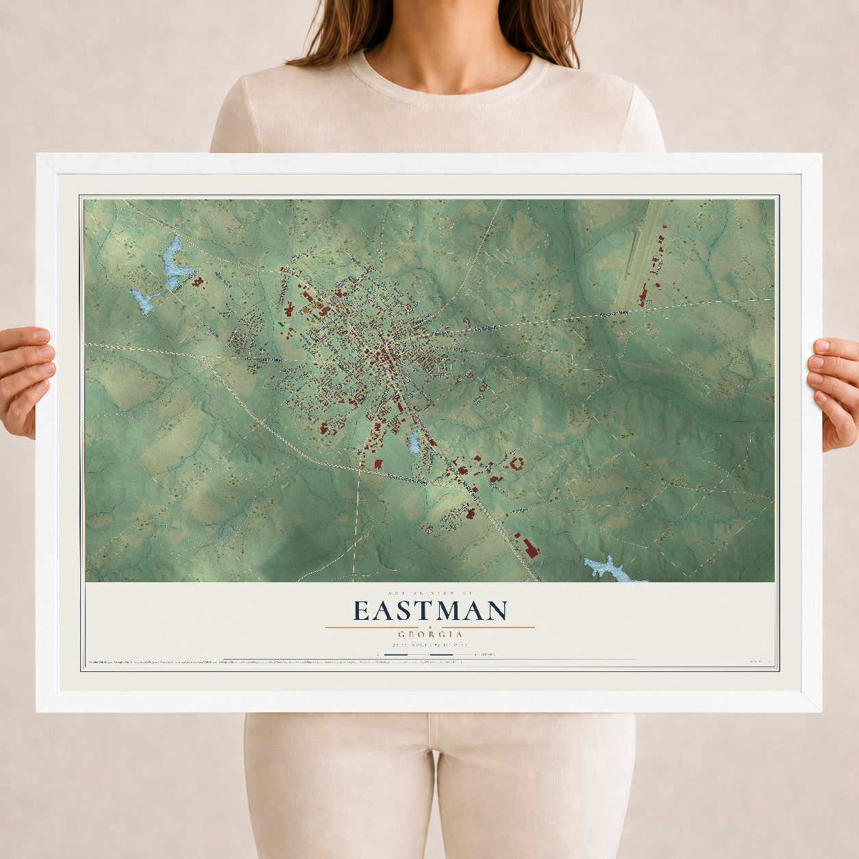 Eastman, Georgia map print, 18" x 24" W/ White Ayous Wood Frame mockup