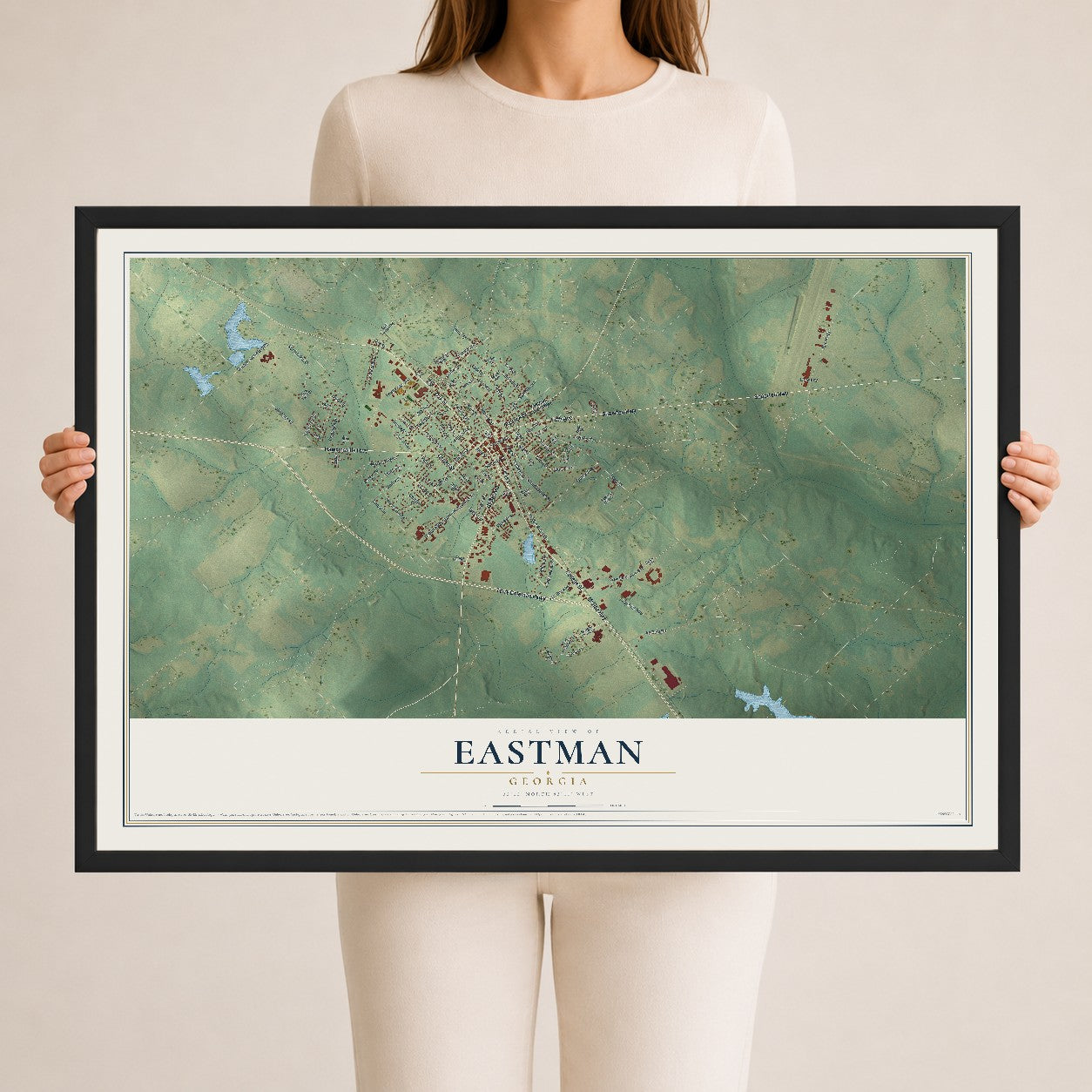 Eastman, Georgia map print, 24" x 36" W/ Black Ayous Wood Frame mockup