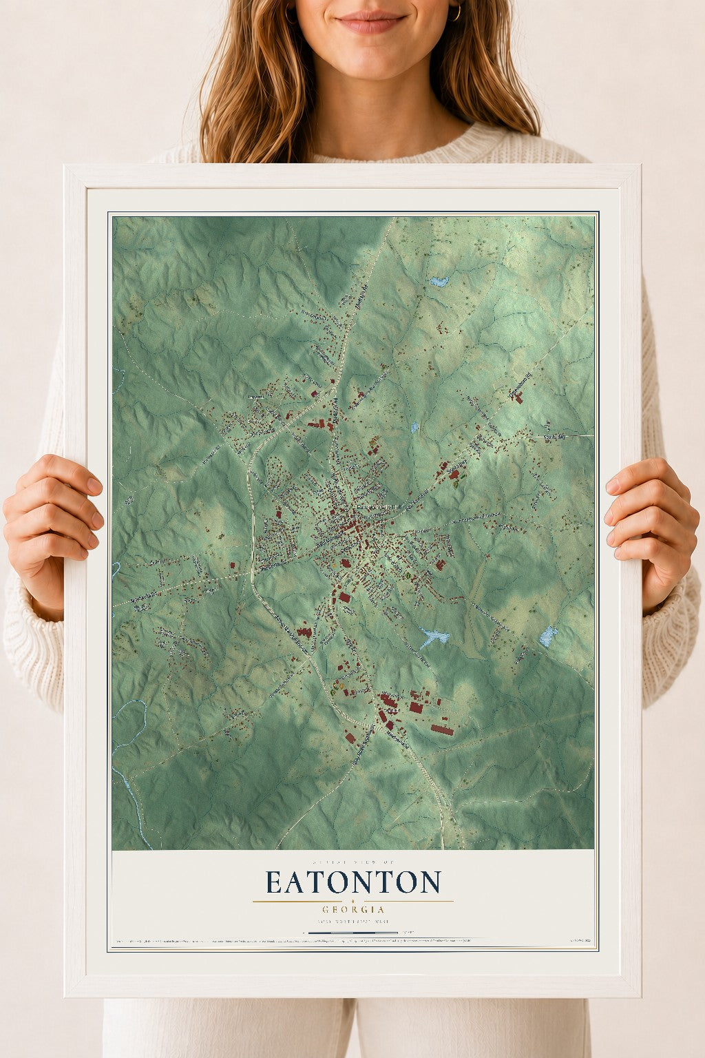 Eatonton, Georgia map print, 18" x 24" W/ White Ayous Wood Frame mockup