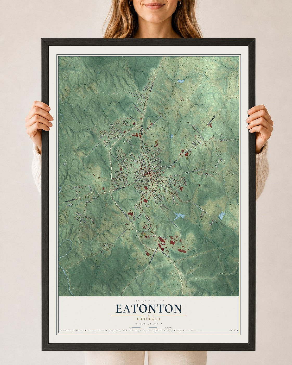 Eatonton, Georgia map print, 24" x 36" W/ Black Ayous Wood Frame mockup