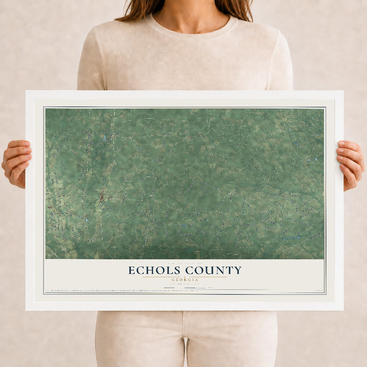 Echols County, Georgia map print, 12" x 18" W/ White Ayous Wood Frame mockup