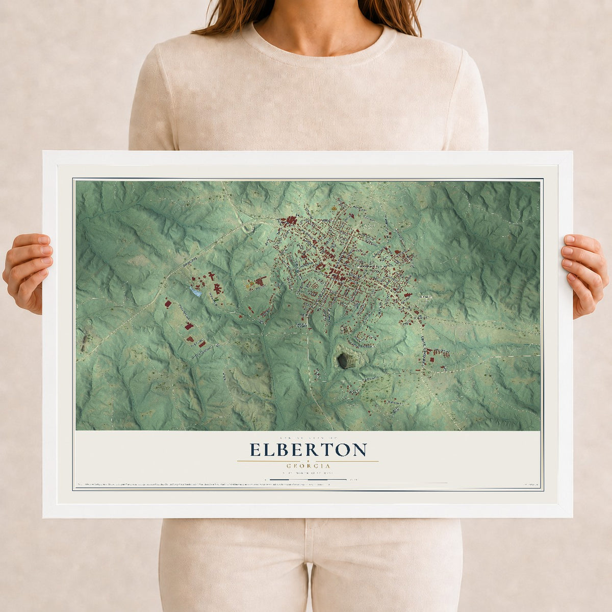 Elberton, Georgia map print, 12" x 18" W/ White Ayous Wood Frame mockup