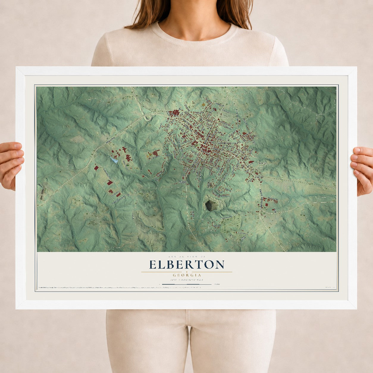 Elberton, Georgia map print, 18" x 24" W/ White Ayous Wood Frame mockup