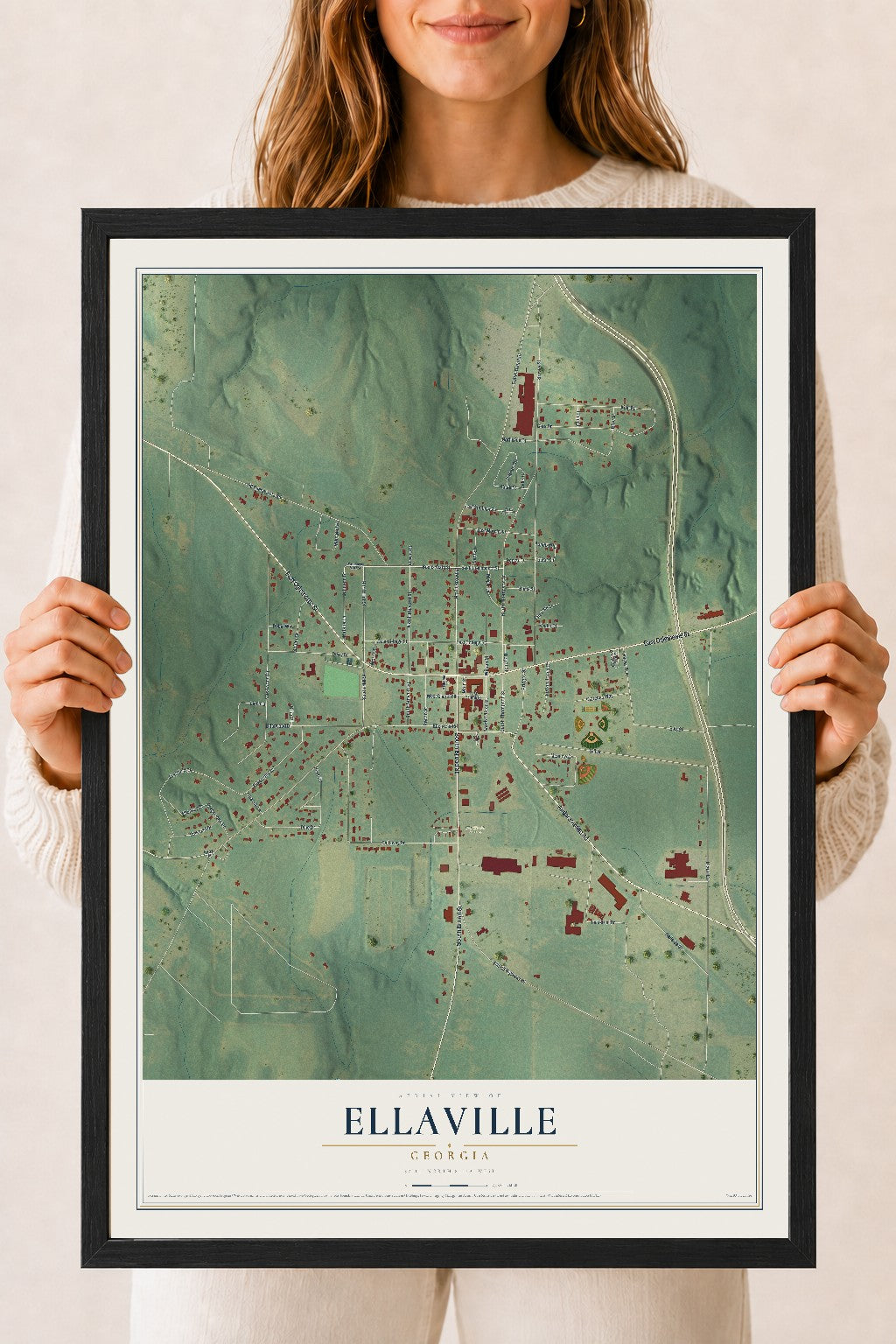 Ellaville, Georgia map print, 18" x 24" W/ Black Ayous Wood Frame mockup
