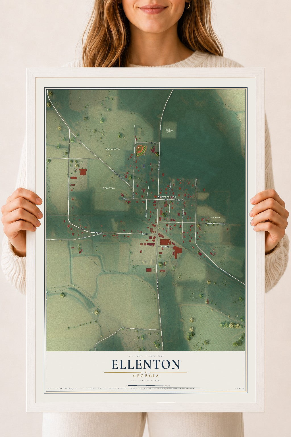 Ellenton, Georgia map print, 18" x 24" W/ White Ayous Wood Frame mockup