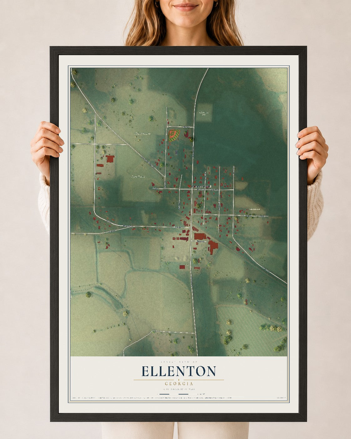 Ellenton, Georgia map print, 24" x 36" W/ Black Ayous Wood Frame mockup