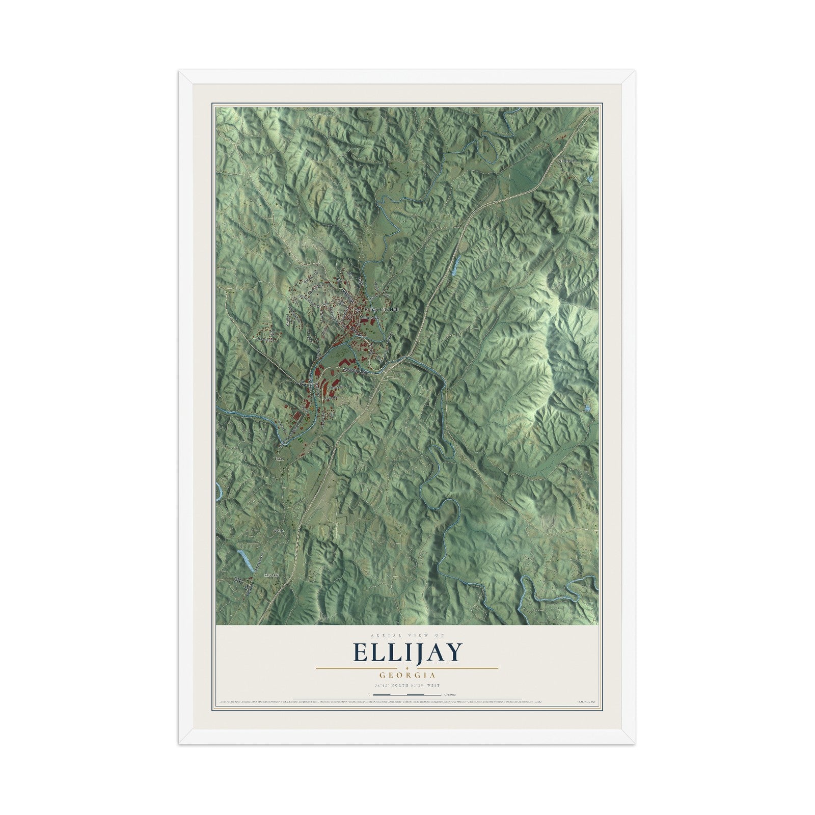 Ellijay, Georgia map print, 12" x 18" W/ White Ayous Wood Frame mockup