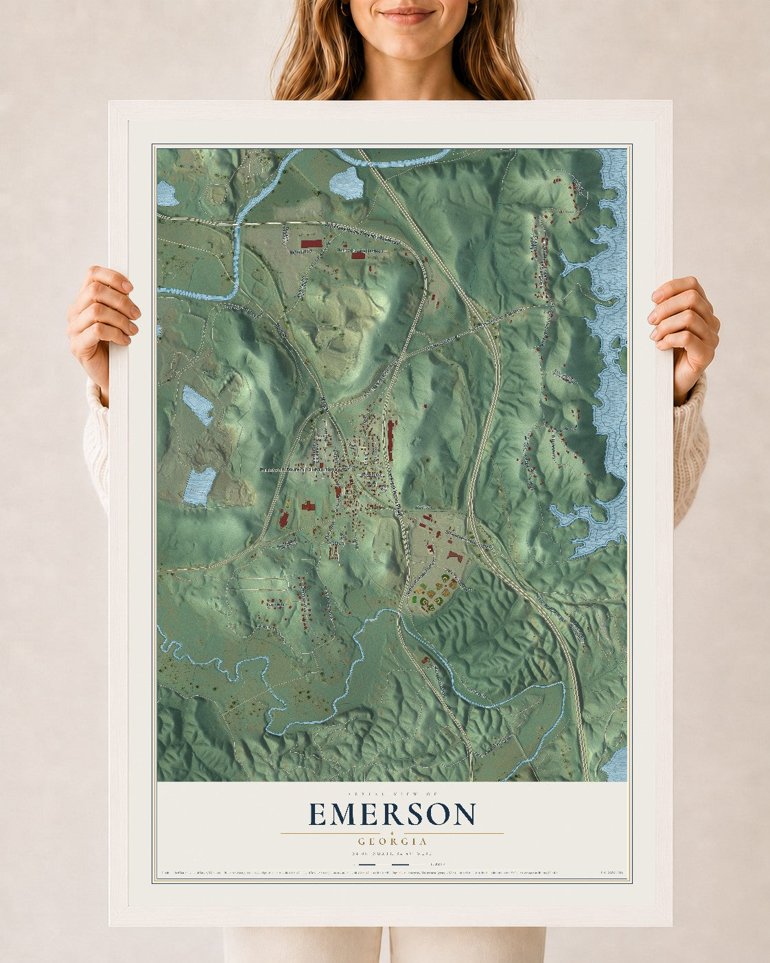 Emerson, Georgia map print, 24" x 36" W/ White Ayous Wood Frame mockup