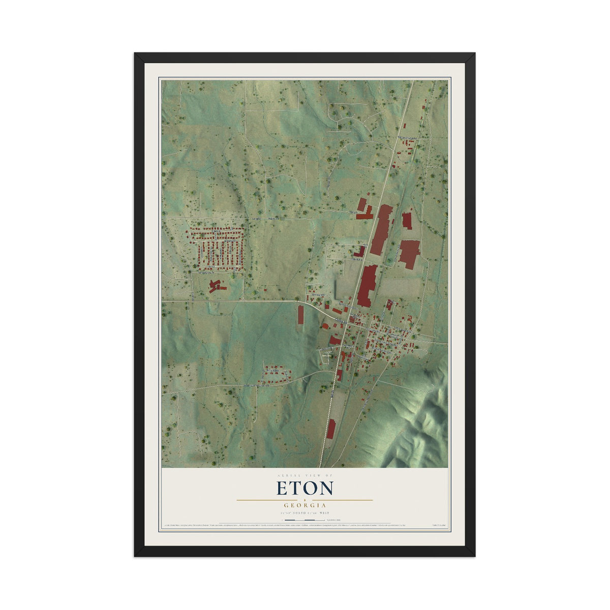 Eton, Georgia map print, 12" x 18" W/ Black Ayous Wood Frame mockup