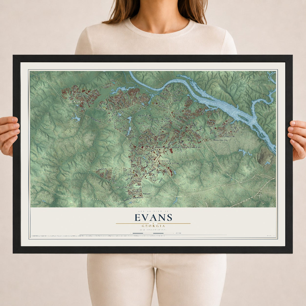 Evans, Georgia map print, 18" x 24" W/ Black Ayous Wood Frame mockup