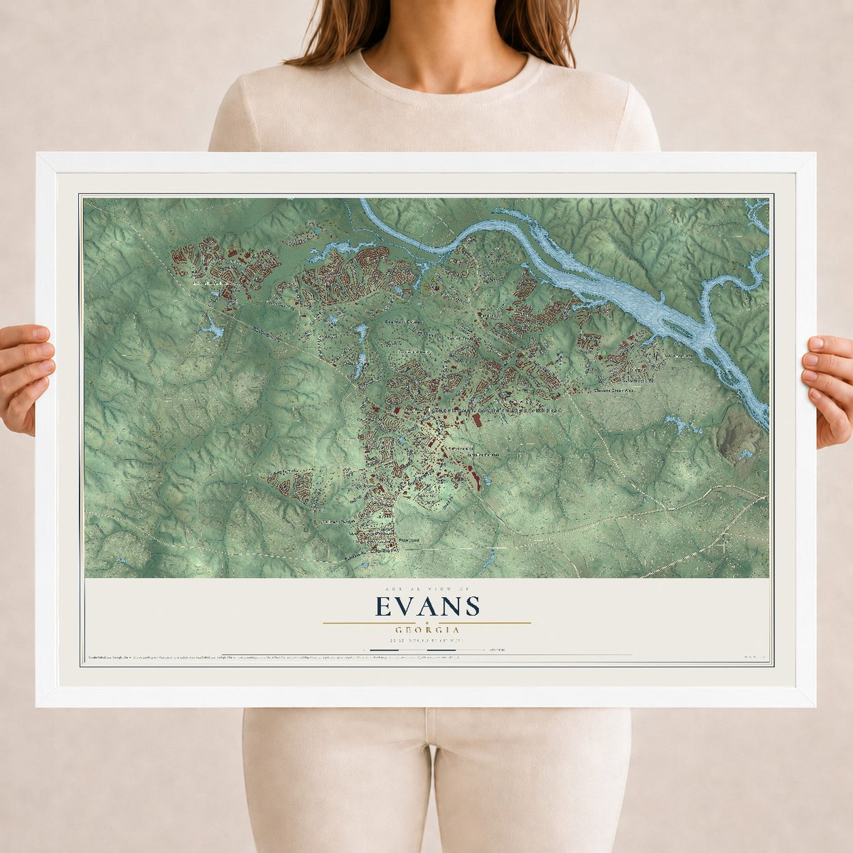 Evans, Georgia map print, 18" x 24" W/ White Ayous Wood Frame mockup