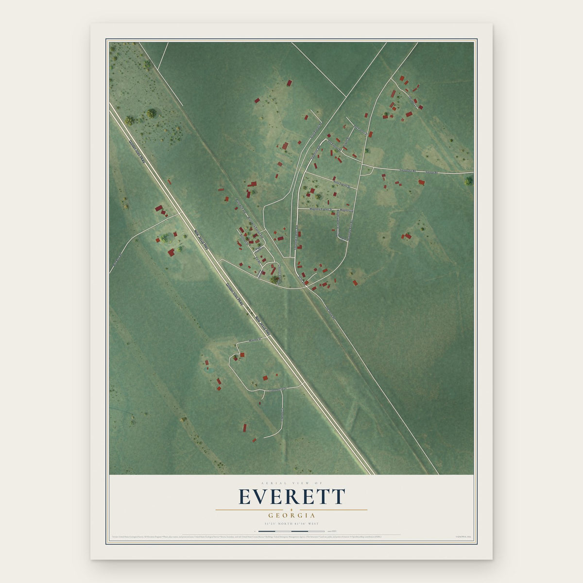 Everett, Georgia map print, the full design