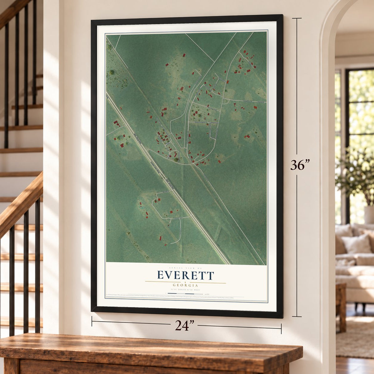 Everett, Georgia map, 24 x 36 inch print in a black frame by a staircase