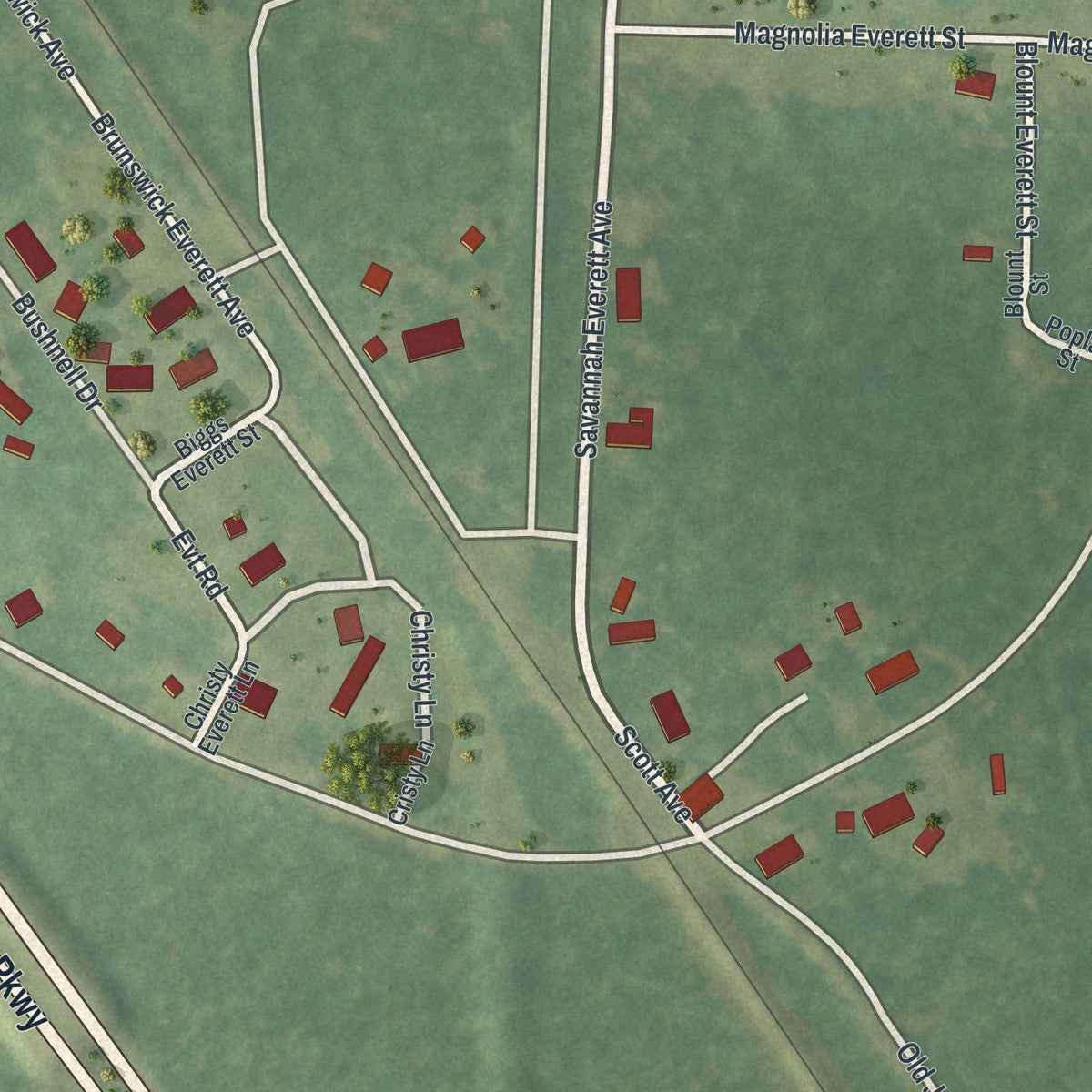 Close-up of the map of Everett, Georgia print showing street and building detail