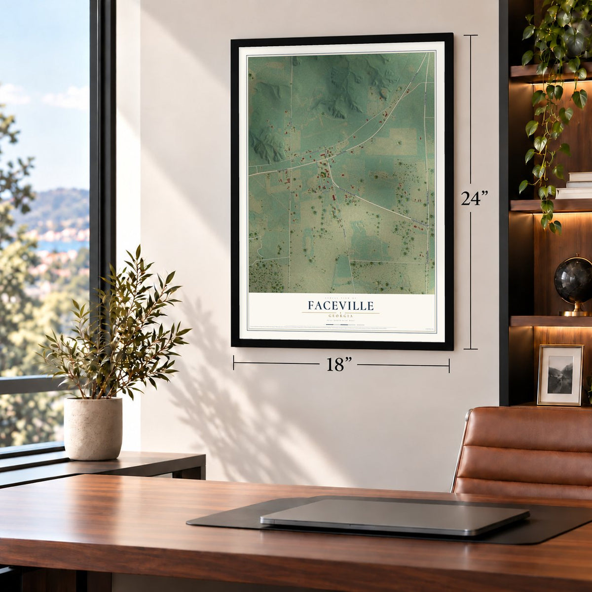 Faceville, Georgia map, 18 x 24 inch print in a black frame in a home office