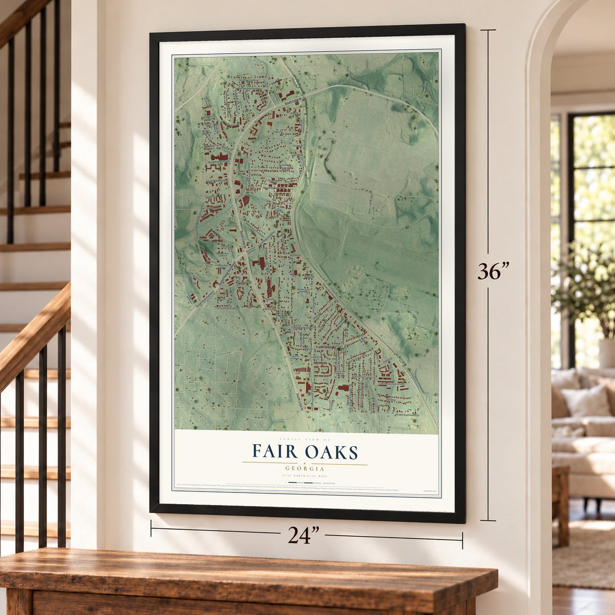 Fair Oaks, Georgia map, 24 x 36 inch print in a black frame by a staircase
