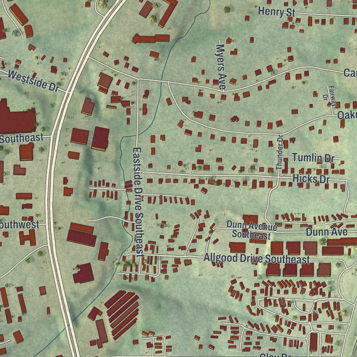 Close-up of the map of Fair Oaks, Georgia print showing street and building detail