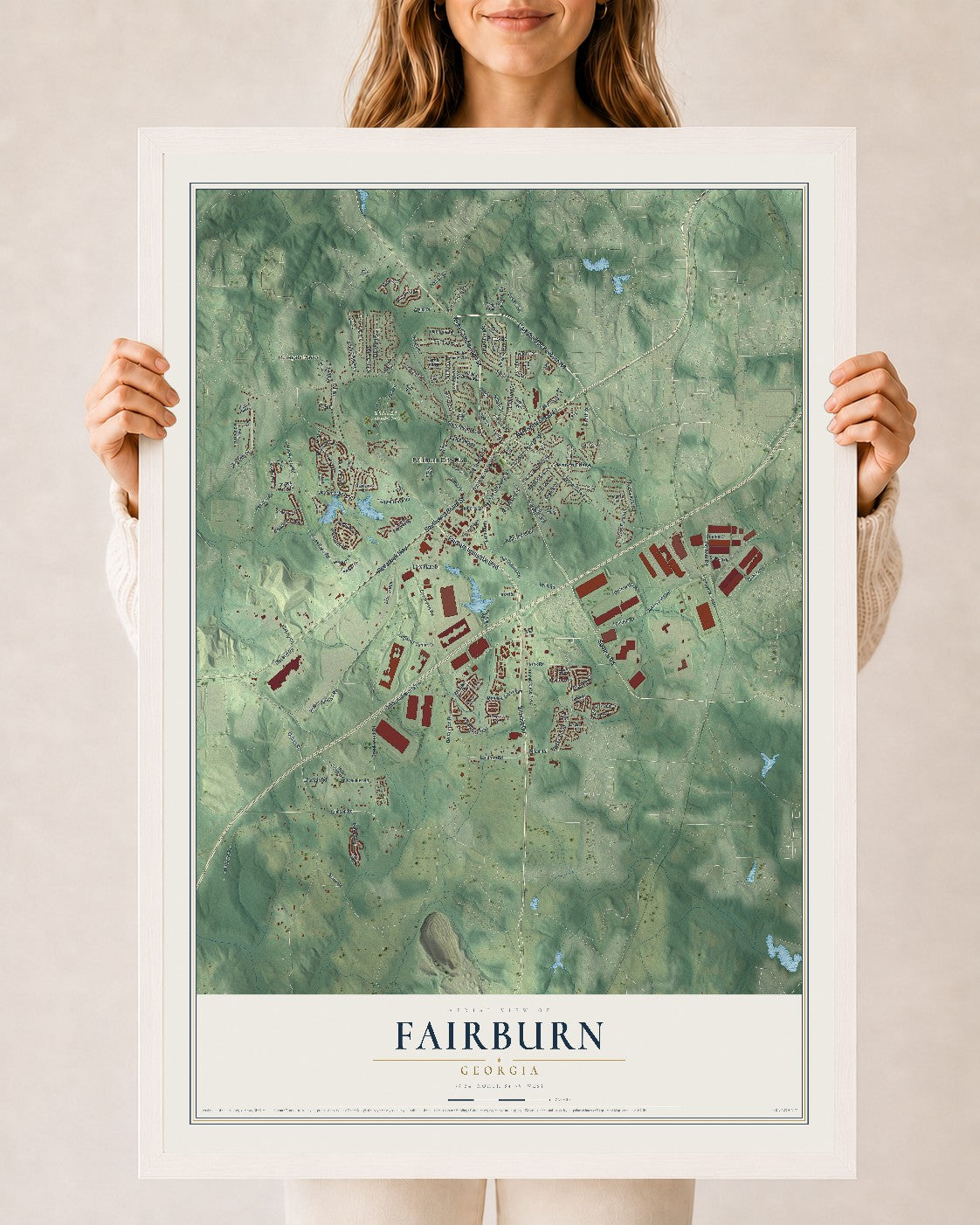 Fairburn, Georgia map print, 24" x 36" W/ White Ayous Wood Frame mockup