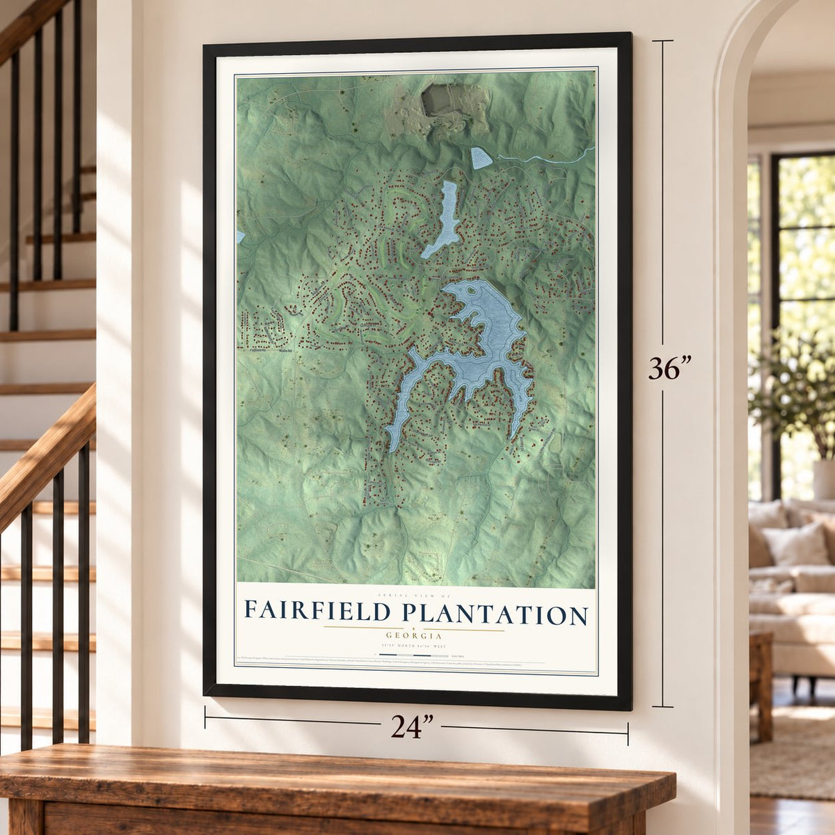 Fairfield Plantation, Georgia map, 24 x 36 inch print in a black frame by a staircase