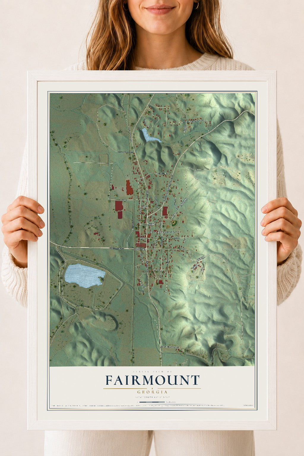 Fairmount, Georgia map print, 18" x 24" W/ White Ayous Wood Frame mockup