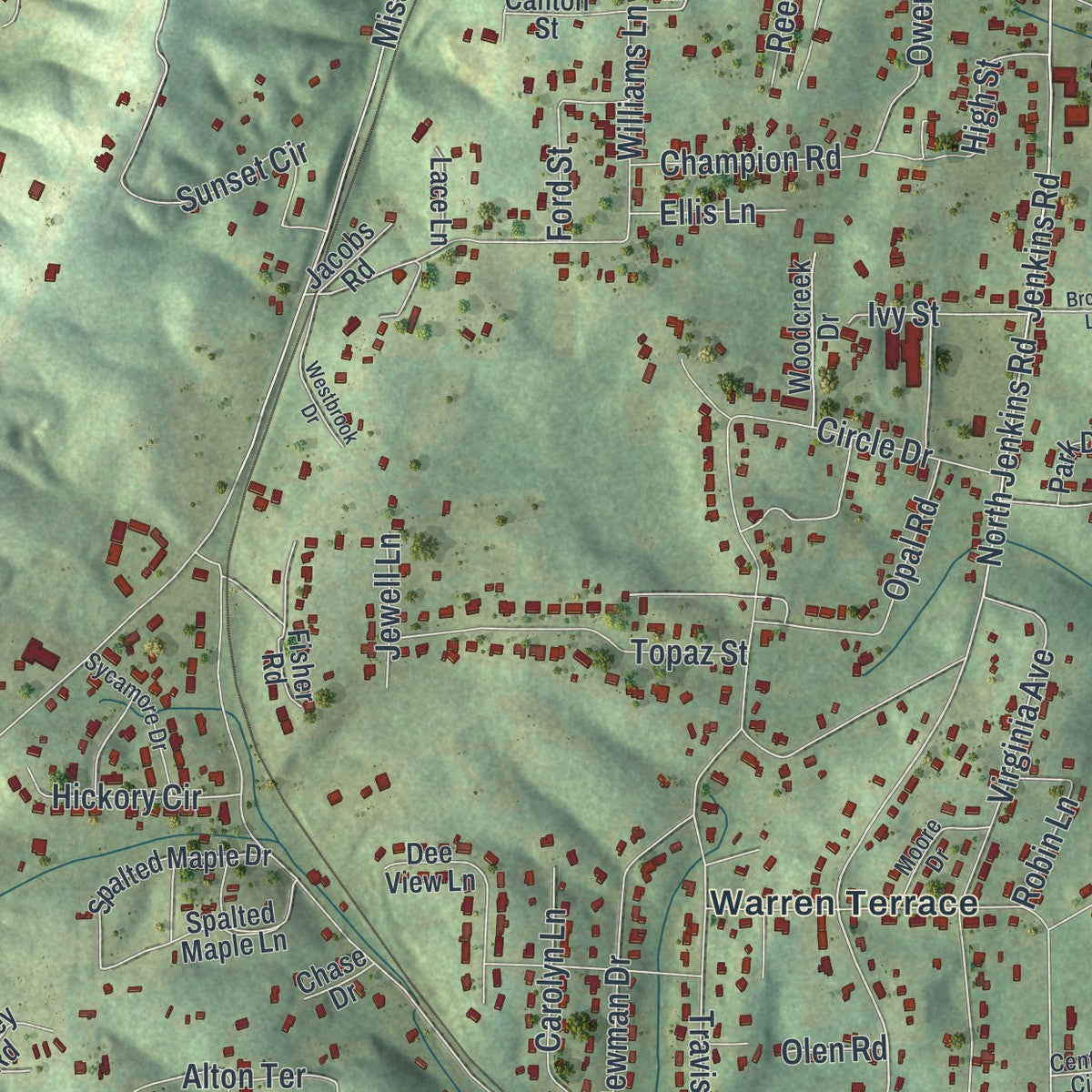 Close-up of the map of Fairview, Georgia print showing street and building detail