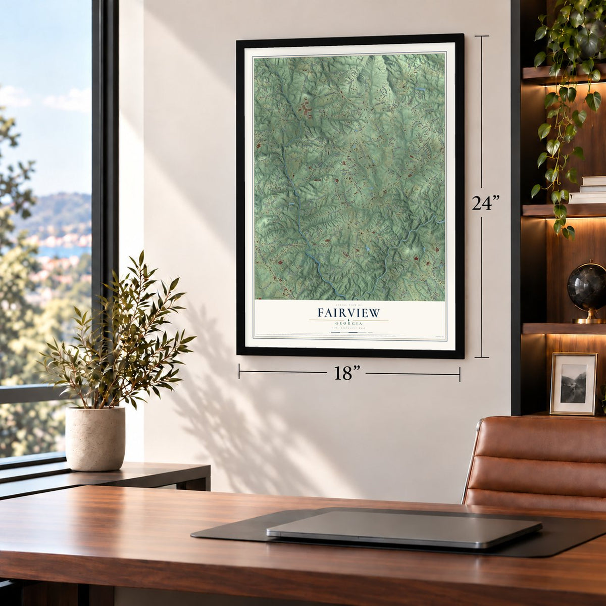 Fairview, Habersham County, Georgia map, 18 x 24 inch print in a black frame in a home office